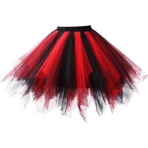 Women's Short Vintage Ballet Bubble Puffy Tutu Petticoat Skirt Black and Red